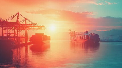 Fototapeta premium Container truck in ship port for business Logistics and transportation of Container Cargo ship and Cargo plane with working crane bridge in shipyard at sunrise, logistic import export and transport