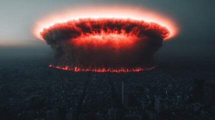 A dramatic scene depicting a massive, fiery explosion looming over a cityscape, creating an apocalyptic atmosphere.
