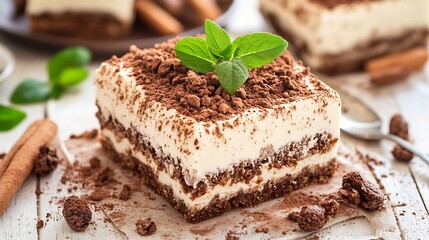 Delicious Homemade Tiramisu Dessert with Cocoa Powder and Mint Garnish : Generative AI