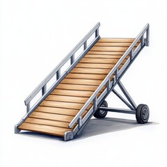 Obraz premium Detailed view of a wooden ramp with metal frame on wheels used for loading and unloading transportation vehicles