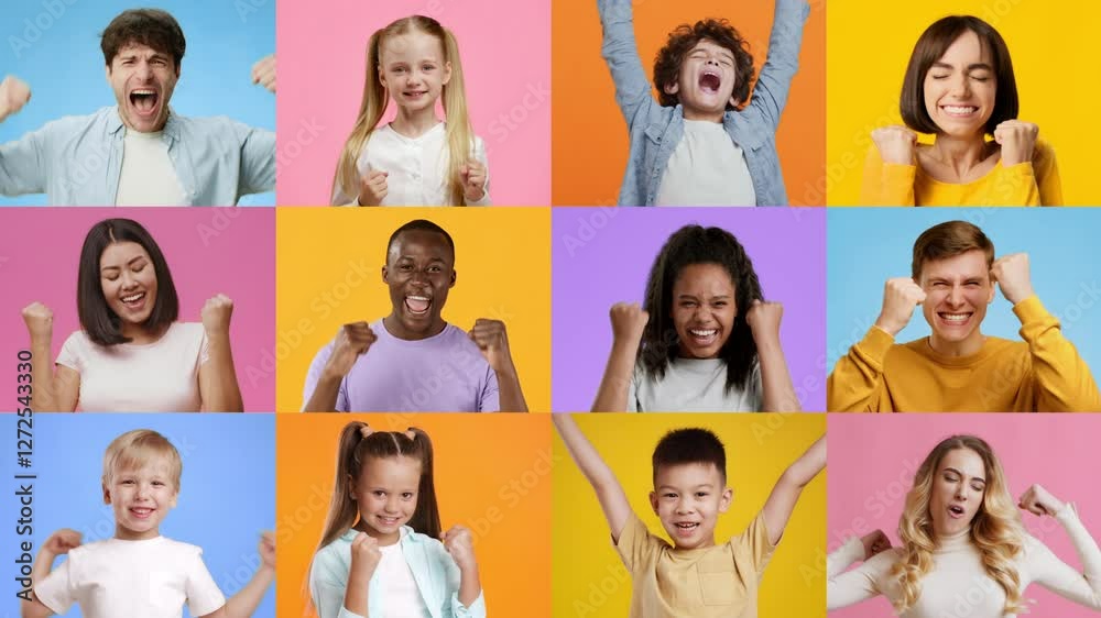 Poster diverse individuals of all ages display joy and excitement, expressing emotions of happiness and vic
