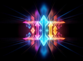 Vibrant abstract glowing shape with inward and outward arrows against a dark background, creating a dynamic and futuristic digital effect.
