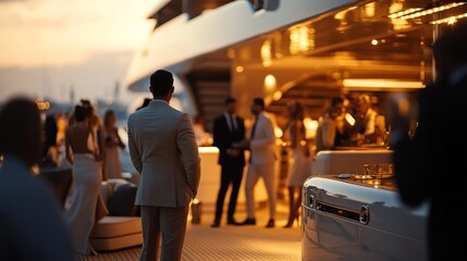 Assassination attempt during an exclusive yacht party. Featuring a figure disguised as a staff member