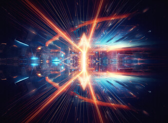 Obraz premium Abstract visualization of a tunnel with bright orange and blue light beams converging towards a central point, creating a sense of speed, energy, and futuristic digital space.