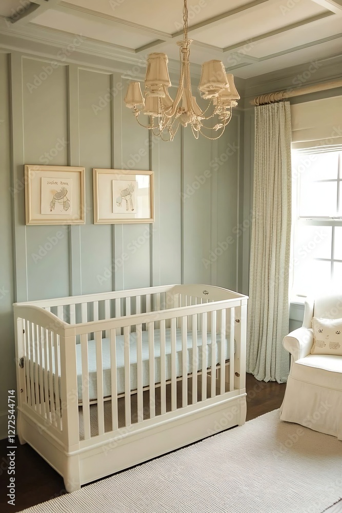 Poster stylish nursery room with crib and soft decor highlighting calm and comfort : generative ai