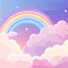 Fototapeta premium A whimsical and colorful illustration of a rainbow arching over fluffy clouds, stars twinkling in the sky