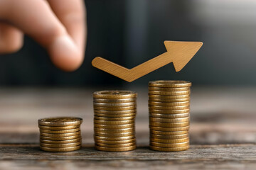 Hand placing arrow on rising coin stacks
