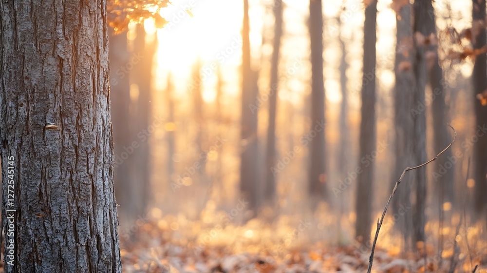 Aufkleber golden hour forest with sunlight streaming through trees and soft focus : generative ai