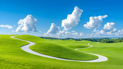 Winding road through green hills, sunny sky.  Travel brochure
