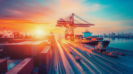 Container truck in ship port for business Logistics and transportation of Container Cargo ship and Cargo plane with working crane bridge in shipyard at sunrise, logistic import export and transport