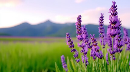 Fototapeta premium Purple Lavender Flowers in Bloom Against a Scenic Mountain Backdrop