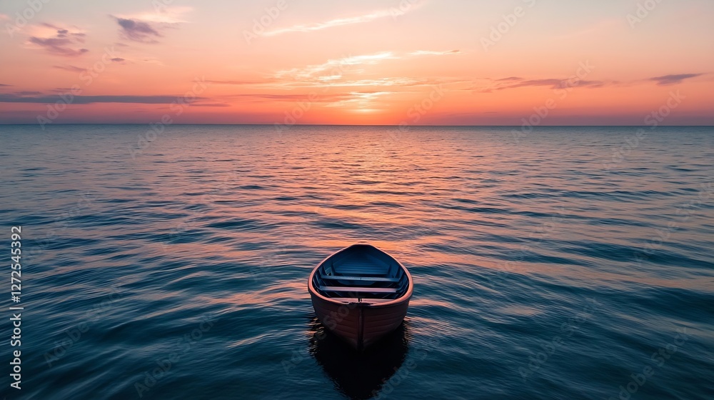 Poster peaceful sunset over calm water with tranquil boat floating in the horizon : generative ai
