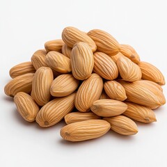 Fototapeta premium Fresh Almonds Pile on White Background, Healthy Snack, Natural Food, Raw Organic Nuts for Culinary Use