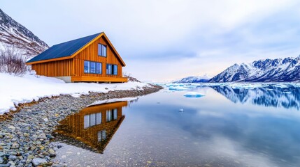 Naklejka premium Cozy Wooden Cabin Surrounded by Snowy Mountains and Iceberg Lake