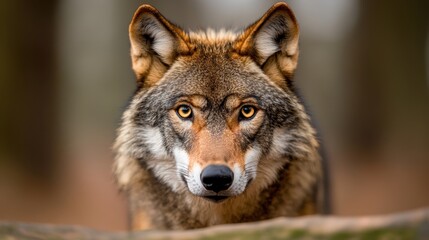 Fototapeta premium A close-up of a wolf, showcasing its keen eyes and detailed fur, set against a blurred forest background, conveying a sense of wildness and intrigue.