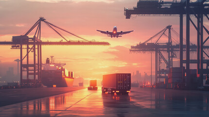 Obraz premium Container truck in ship port for business Logistics and transportation of Container Cargo ship and Cargo plane with working crane bridge in shipyard at sunrise, logistic import export and transport
