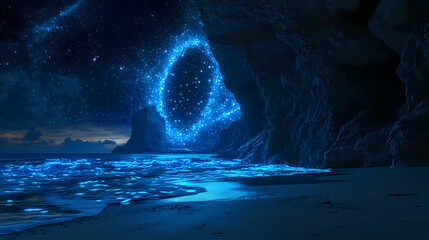 Obraz premium A surreal beachscape featuring bioluminescent waves that illuminate the night, revealing hidden portals to other dimensions, high tech, with copy space. Astral Bioluminescent Portal. Illustration
