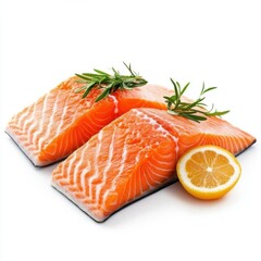 Fresh Salmon Fillets with Lemon Slice and Rosemary on Wooden Surface for Culinary and Healthy Eating Concepts