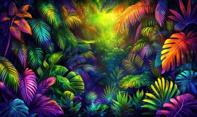 Vibrant tropical jungle scene with lush foliage and glowing light filtering through trees