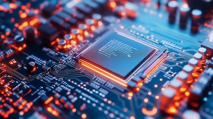 Fototapeta premium Close-up of a Microchip on a Circuit Board: High-Tech Innovation