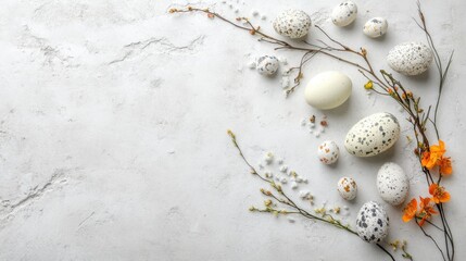 A delicate Easter composition featuring speckled eggs, soft floral branches, and a textured white concrete background