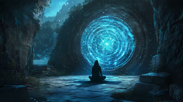 Surrealism art of an oracle performing an invocation in an underwater realm. Astral Bioluminescent Portal. Illustration
