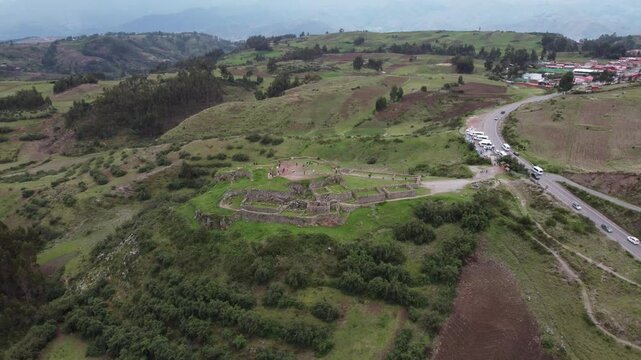 Aerial view of Ruins of the Inca fortress of Puka Pukara outside of Cusco, Peru