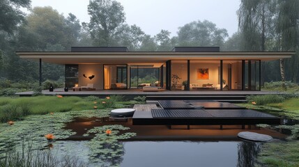 Modern minimalist house with pond, nestled in a tranquil forest setting at dusk.