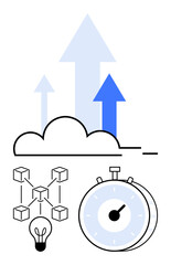 Cloud with upward arrows symbolizing growth, stopwatch for efficiency, and interconnected blocks with a lightbulb for innovation. Ideal for progress, development, innovation, speed, networking