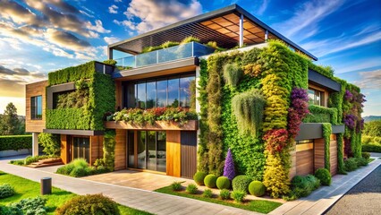 Obraz premium Panoramic View of Sustainable Home with Vertical Gardens and Solar Panels