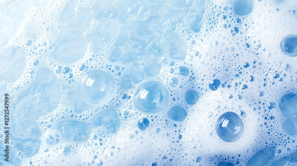 Poster Soft blue bubbles intermingle with frothy foam, showcasing an artistic blend of texture and color. This delightful scene evokes feelings of cleanliness and relaxation, inviting enjoyment
