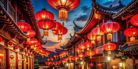 Obraz premium Panoramic View of Traditional Red Lanterns Hanging in a Chinese Festival
