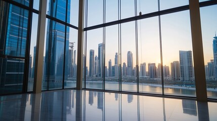 Fototapeta premium Modern City Skyline with Sunset Reflection on Glass Buildings in Dubai : Generative AI