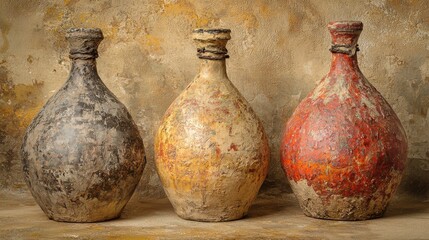 Handmade Pottery Bottles in Three Distinct Colors and Textures
