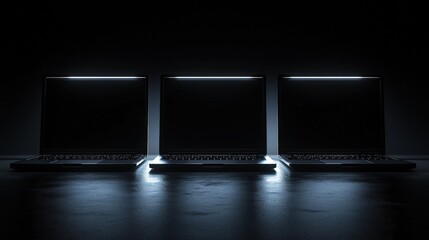 Modern Laptops in Dark Setting with Glowing Screens for Commercial Photography