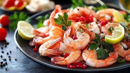 Delicious Shrimp Platter Garnished with Fresh Vegetables and Herbs for Gourmet Dining : Generative AI