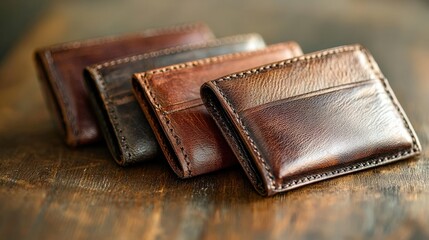 Handmade Leather Wallets in Various Colors on Wooden Background