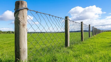 Chain Link Fence Along Open Field Under Bright Blue Sky