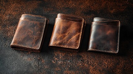 Handmade Leather Wallets Displayed on Rustic Surface in Natural Lighting