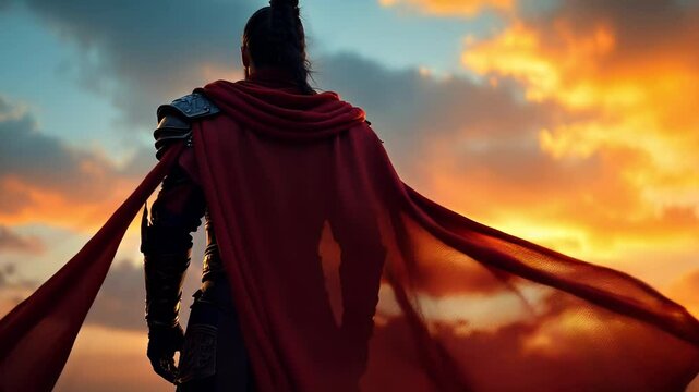 Silhouetted warrior in red cape at sunset.  Epic fantasy scene.