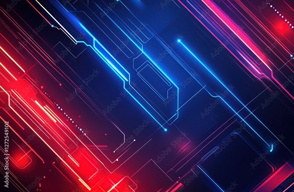 Poster abstract neon lines intersect dynamically in vivid red and blue, creating a futuristic digital art d