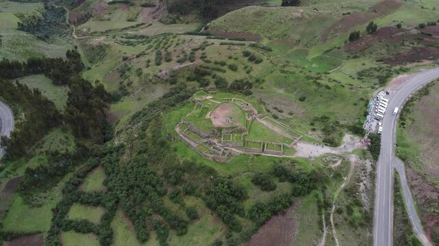 Aerial view of Ruins of the Inca fortress of Puka Pukara outside of Cusco, Peru