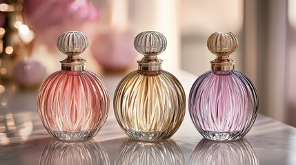 Elegant Display of Three Distinct Perfume Bottles on a Stylish Surface