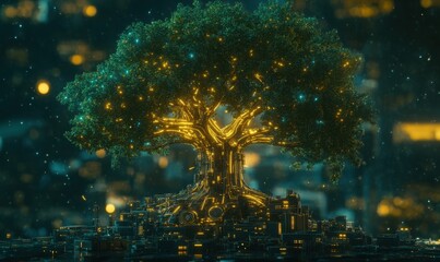 A futuristic glowing tree stands amidst a vibrant cityscape, illuminated with lights and technology