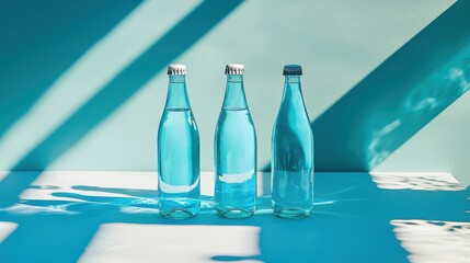 Three Bottles of Sparkling Water on a Light Blue Background