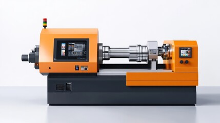 Modern orange industrial machine with digital control panel isolated on white background.