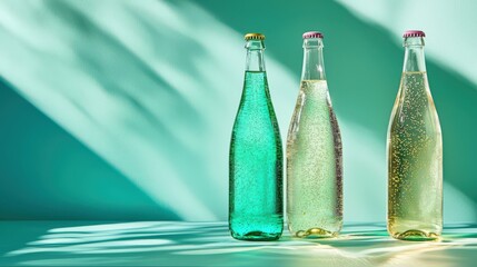 Sparkling Water Bottles on a Vibrant Background with Dramatic Shadows