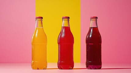 Three Colorful Bottles of Fruit Juice on Bright Pink Background