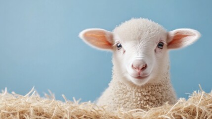 Fototapeta premium Cute Young Lamb Sitting in Hay Against a Soft Blue Background, Perfect for Farm or Animal Themes