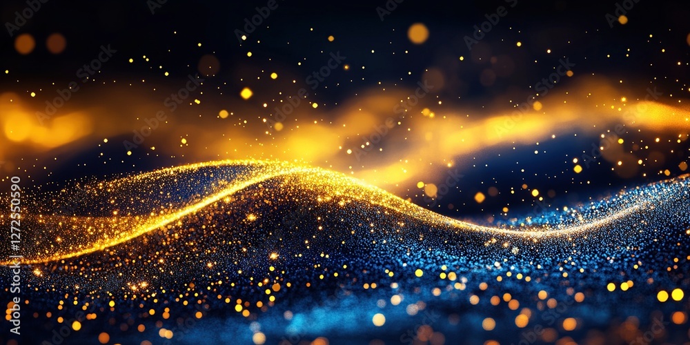Poster golden and blue particles flowing dynamically in abstract wave, creating a luxurious, sparkling visu